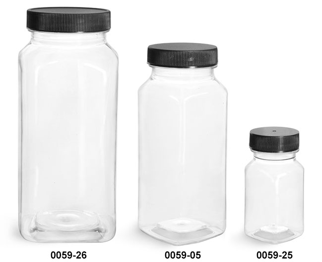 Plastic Bottles, Clear PET Square Bottles With Black Ribbed Caps
