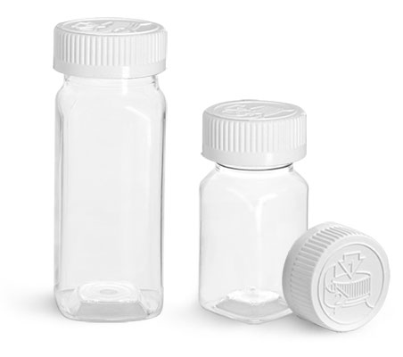 PET Plastic Bottles, Clear Square Bottles w/ White Child Resistant Caps