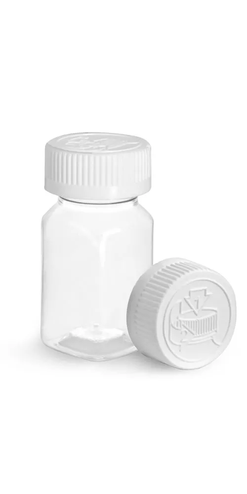 2 oz Clear PET Square Bottles w/ White Child Resistant Caps