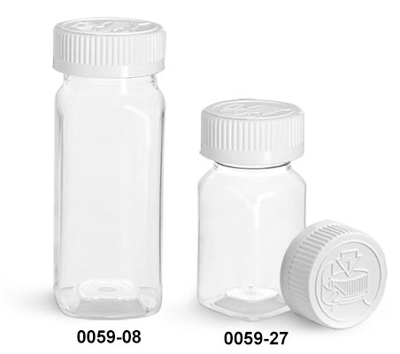Plastic Bottles, Clear PET Square Bottles With White Child Resistant Caps