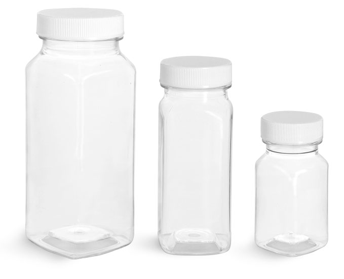 Clear PET Square Bottles w/ White Ribbed Induction Lined Caps