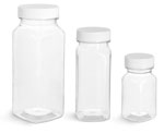 Clear PET Square Bottles w/ White Ribbed Induction Lined Caps