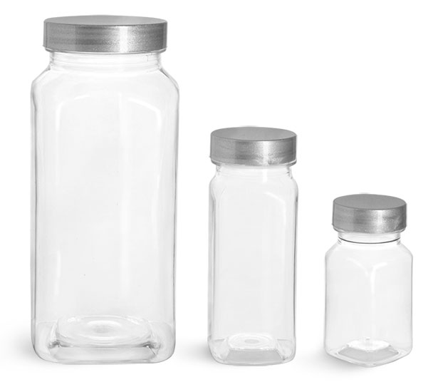 2 oz Clear PET Square Bottles w/ Silver Lined Caps