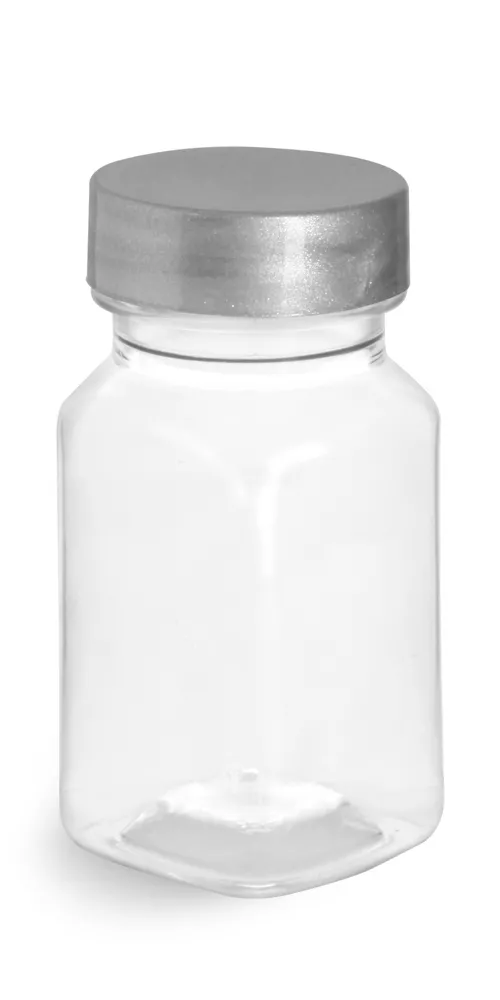 2 oz Clear PET Square Bottles w/ Silver Lined Caps