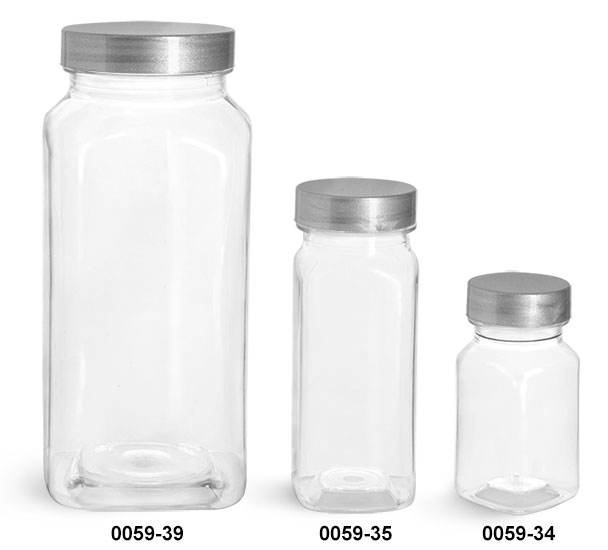 Plastic Bottles, Clear PET Square Bottles w/ Silver Lined Caps