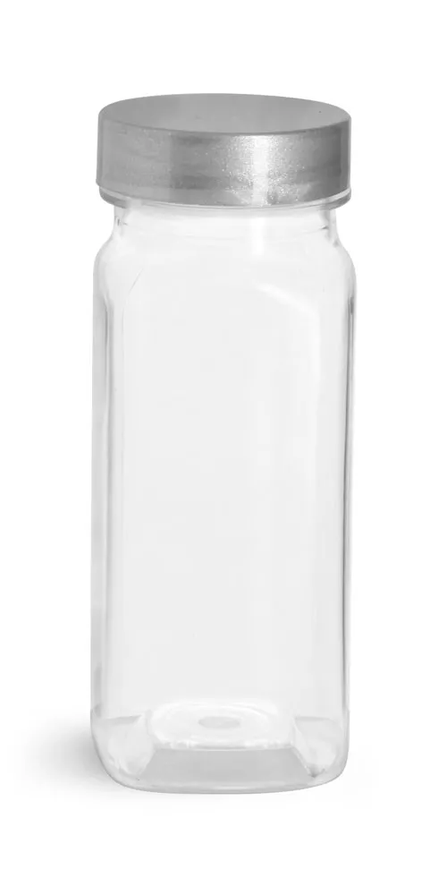 4 oz Clear PET Square Bottles w/ Silver Lined Caps