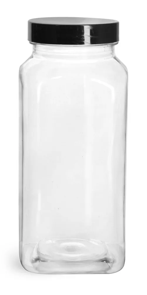 16 oz Clear PET Square Bottles w/ Smooth Black PE Lined Caps