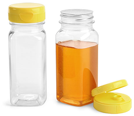 Clear PET Square Bottles w/ Lined Snap Top Caps