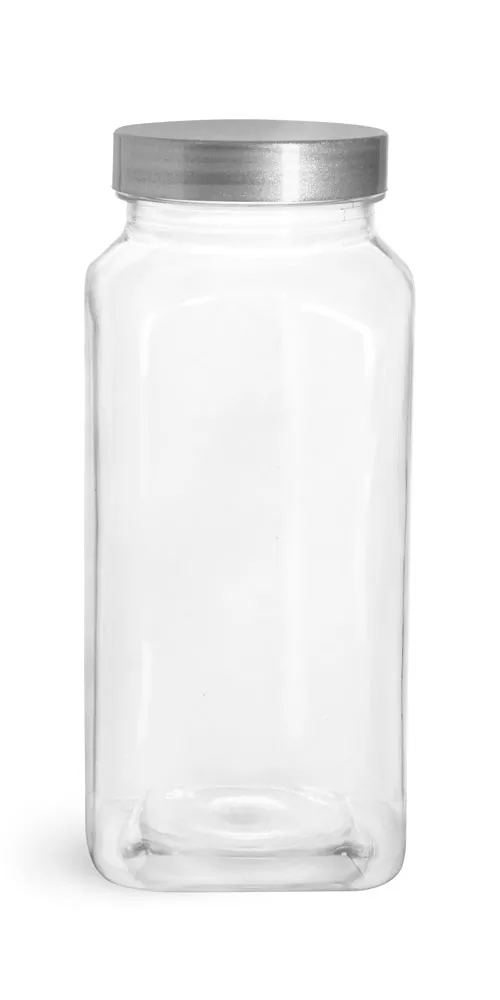 16 oz Clear PET Square Bottles w/ Silver Lined Caps