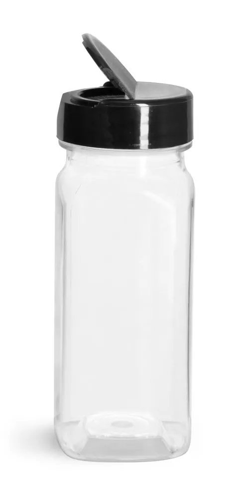 4 oz Clear PET Square Bottle w/ Black Lined Spice Cap