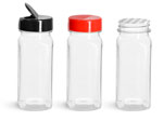PET Plastic Bottles, Clear Square Bottles w/ Red Polypro Spice Caps