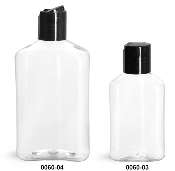 Plastic Bottles, Clear PET Oblong Bottles with Black Disc Top Caps