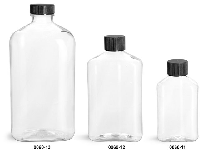Plastic Bottles, Clear PET Oblong Bottles With Black Ribbed Lined Caps