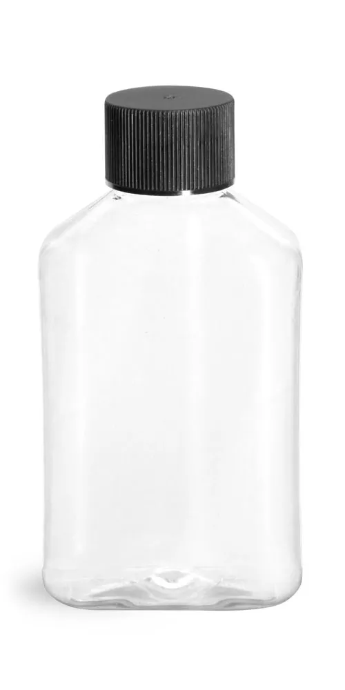 4 oz Clear PET Oblong Bottles w/ Black Ribbed Screw Caps