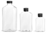 PET Plastic Bottles, Clear Oblong Bottles w/ Black Ribbed Screw Caps
