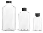 PET Plastic Bottles, Clear Oblong Bottles w/ Black Ribbed Screw Caps
