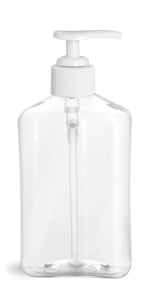 8 OZ CLEAR PET OBLONG BOTTLES WITH WHITE LOTION PUMPS