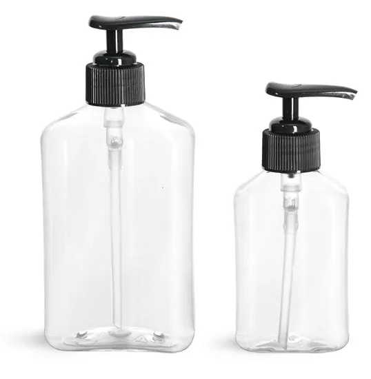 Clear PET Oblong Sauce Bottles w/ Black PS22 Lined Snap-Top Caps