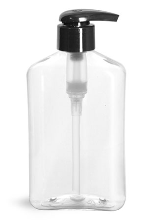 Plastic Bottles, 8 oz Clear PET Oblong Bottles w/ Black 2 cc Lotion Pumps