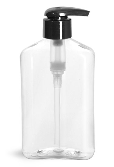 Plastic Bottles, 8 oz Clear PET Oblong Bottles w/ Black 2 cc Lotion Pumps