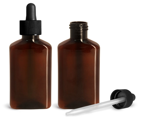 Plastic Bottles, 100 ml Amber PET Oblong Bottles w/ Black Bulb Plastic Droppers