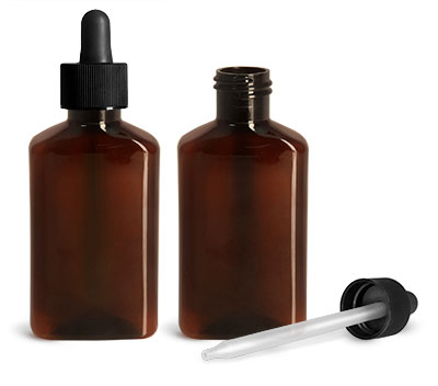 Plastic Bottles, 100 ml Amber PET Oblong Bottles w/ Black Bulb Plastic Droppers