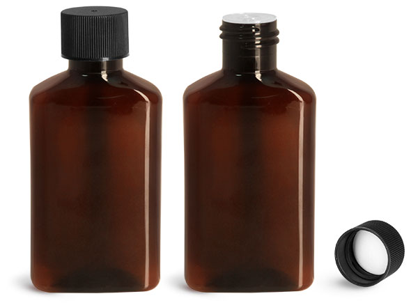 Plastic Bottles, 100 ml Amber PET Oblong Bottles w/ Black Ribbed PE Lined Caps & Orifice Reducers