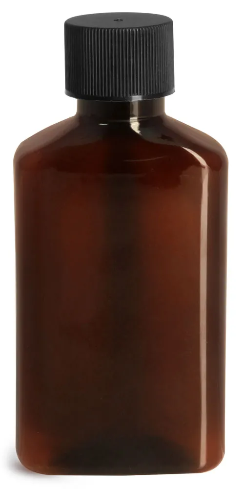 100 ml Plastic Bottles, Amber PET Oblong Bottles w/ Black Ribbed Lined Caps and Orifice Reducers