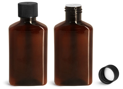 Plastic Bottles, 100 ml Amber PET Oblong Bottles w/ Black Ribbed PE Lined Caps & Orifice Reducers