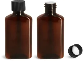 100 ml Amber PET Oblong Bottles w/ Black Ribbed PE Lined Caps & Orifice Reducers