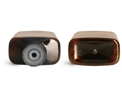 100 ml Plastic Bottles, Amber PET Oblong Bottles w/ Black Ribbed Lined Caps and Orifice Reducers