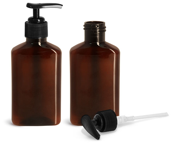 Plastic Bottles, 100 ml Amber PET Oblong Bottles w/ Black Lotion Pumps