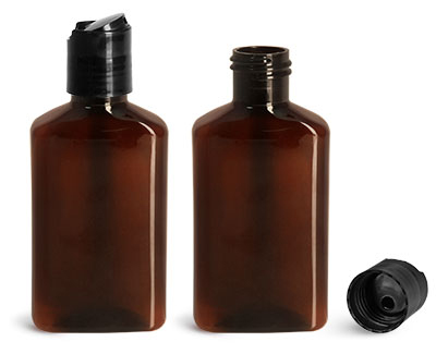 Plastic Bottles, 100 ml Amber PET Oblong Bottles w/ Black Disc Top Caps