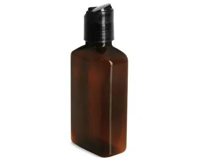 Plastic Bottles, 100 ml Amber PET Oblong Bottles w/ Black Disc Top Caps