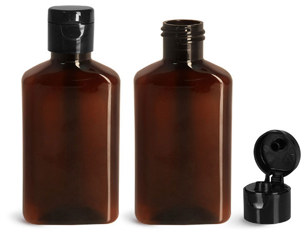 Plastic Bottles, 100 ml Amber PET Oblong Bottles w/ Black Snap Top Caps