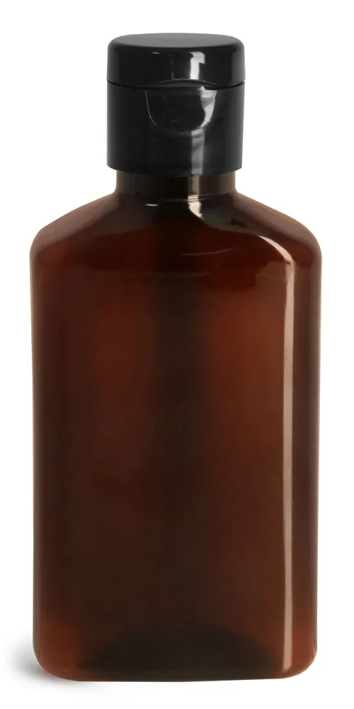100 ml Plastic Bottles, 100 ml Amber PET Oblong Bottles w/ Black Snap Top Caps