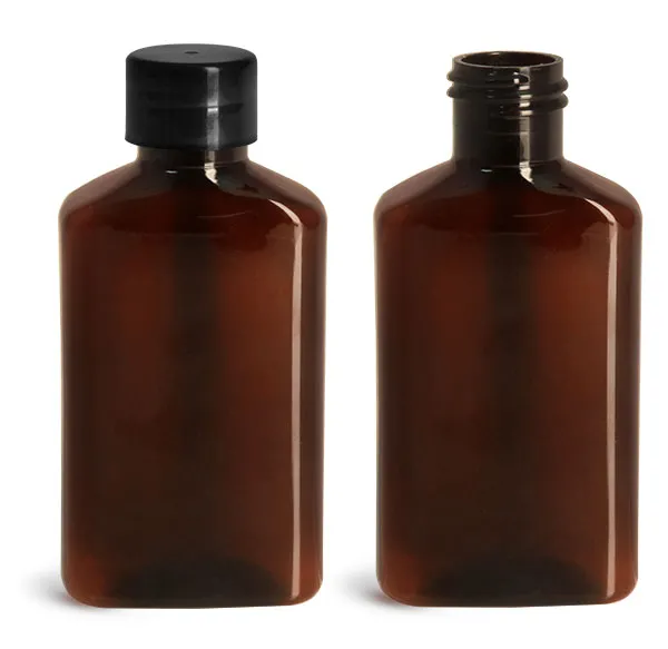 Amber PET Oblong Bottles w/ Smooth Black PE Lined Caps