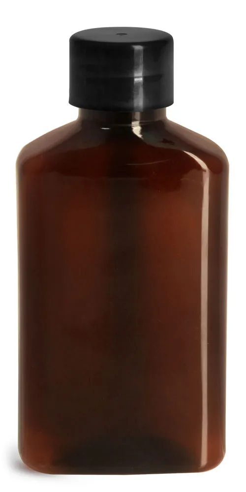 100 ml Plastic Bottles, Amber PET Oblong Bottles w/ Smooth Black PE Lined Caps