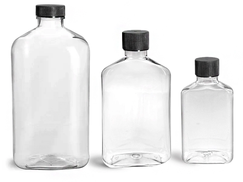 Clear PET Oblong Bottles w/ Lined Black Ribbed Caps 