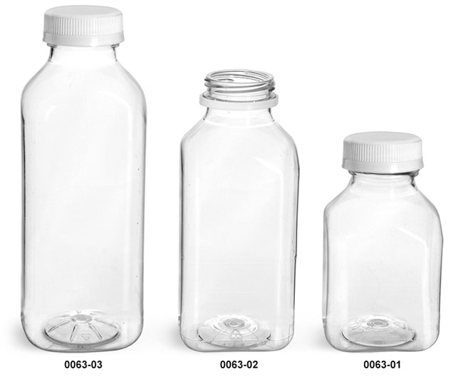 Plastic Bottles, Clear PET Square Beverage Bottles w/ White Tamper Evident Caps