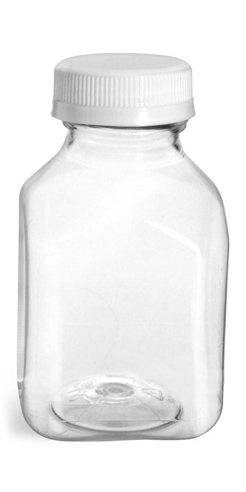 8 oz Plastic Bottles, Clear PET Square Beverage Bottles w/ White Tamper Evident Caps