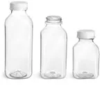 Plastic Bottles, Clear PET Square Beverage Bottles w/ White Tamper Evident Caps