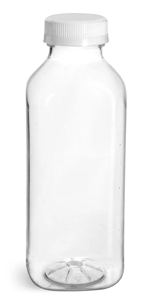16 oz Plastic Bottles, Clear PET Square Beverage Bottles w/ White Tamper Evident Caps