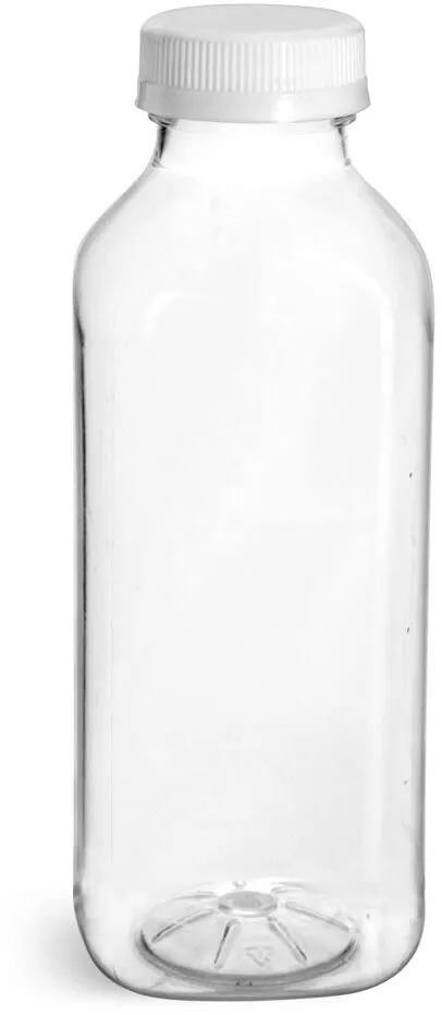 16 oz Clear PET Beverage Bottles w/ White Polypro Tamper Evident Caps
