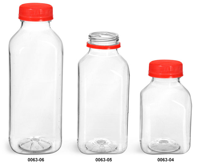 Plastic Bottles, Clear PET Square Beverage Bottles w/ Red Tamper Evident Caps