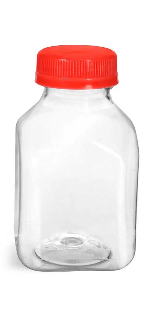 8 oz Plastic Bottles, Clear PET Square Beverage Bottles w/ Red Tamper Evident Caps