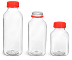 PET Plastic Bottles, Clear Square Beverage Bottles w/ Red Tamper Evident Caps