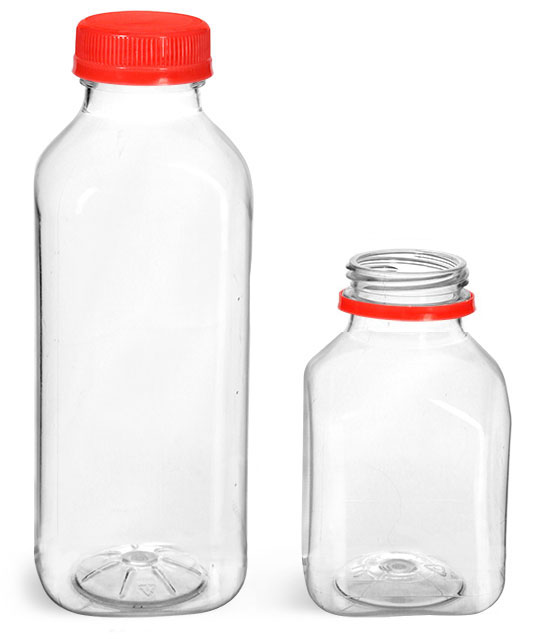 16 oz Plastic Bottles, Clear PET Square Beverage Bottles w/ Red Tamper Evident Caps