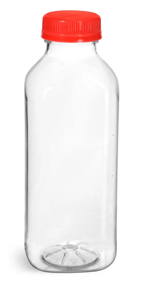 16 oz Plastic Bottles, Clear PET Square Beverage Bottles w/ Red Tamper Evident Caps