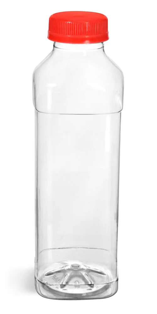 16 oz Plastic Bottles, Clear PET Square Beverage Bottles w/ Red Polypro Tamper Evident Caps